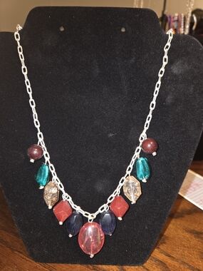 Silver-Tone Multicolor Gemstone Drop Necklace - Unbranded